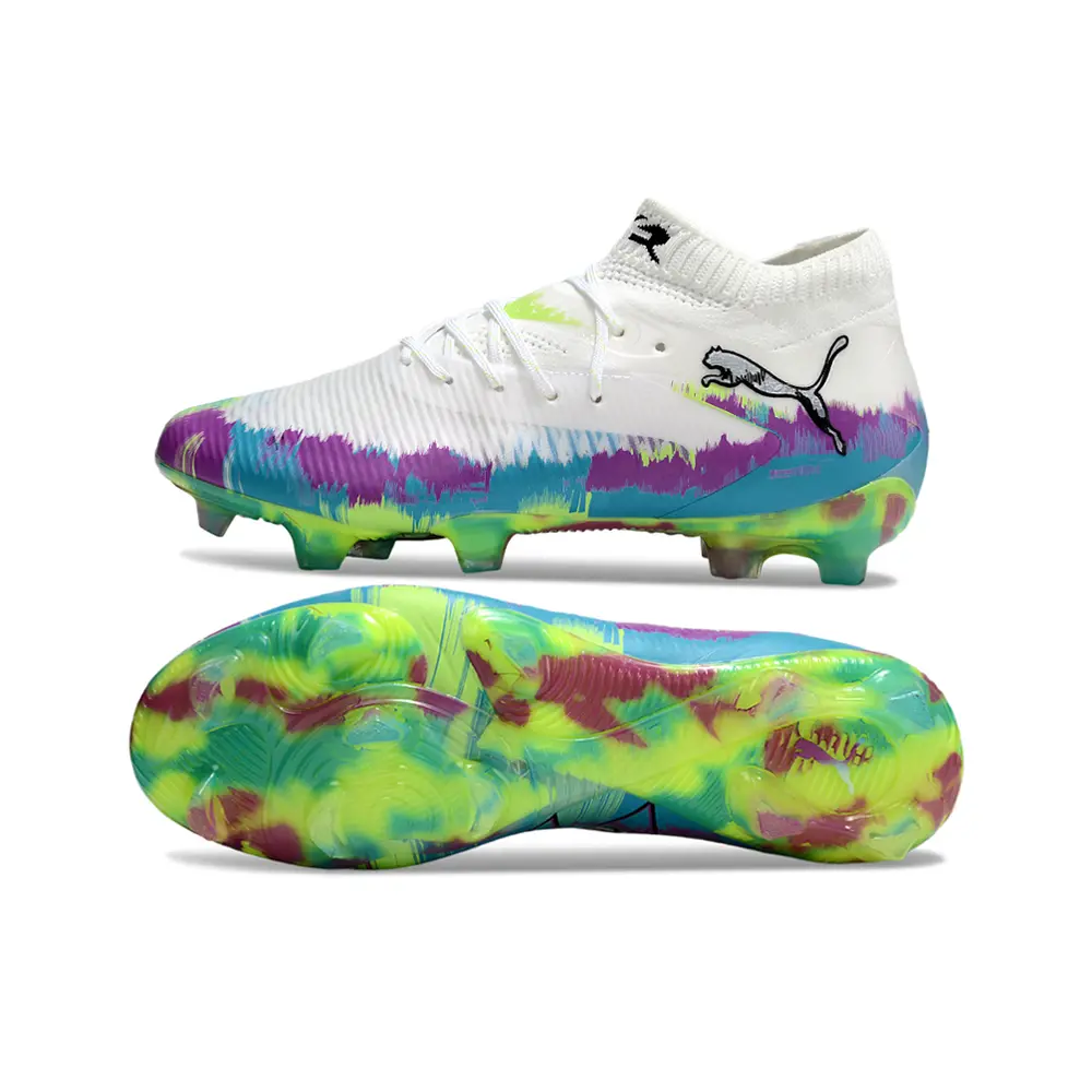 Chuteira Campo Puma Future 8 FG Branca, Roxa, Azul e Verde | Farda de Boleiro