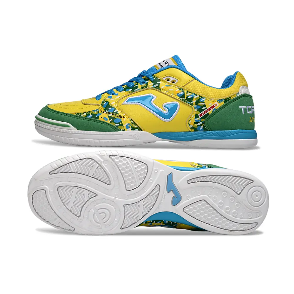 Chuteira Futsal Joma Top Flex Rebound IC Amarela, Verde e Azul "A10"