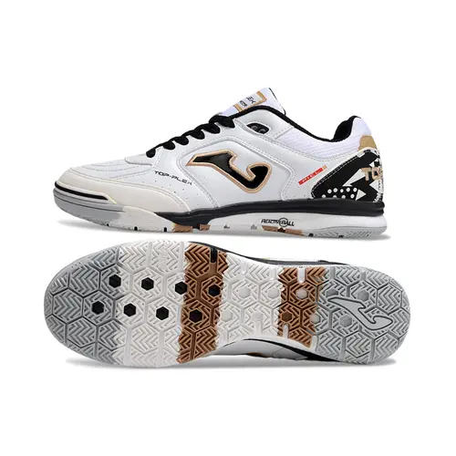 Chuteira Futsal Joma Top Flex Rebound IC Branca, Preta e Dourada