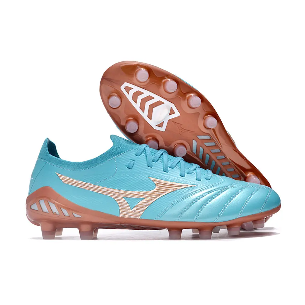 Chuteira Campo Mizuno Morelia Neo 3 FG Azul e Bronze