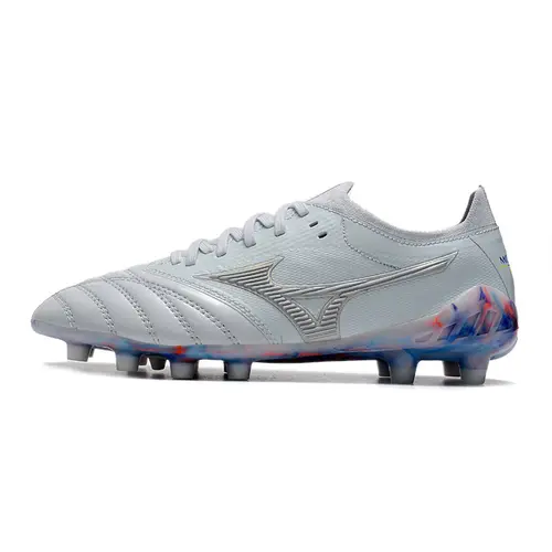 Chuteira Campo Mizuno Morelia Neo 3 FG Branca, Prata e Azul