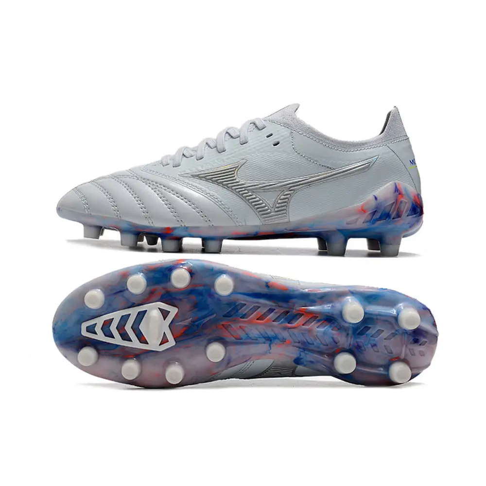 Chuteira Campo Mizuno Morelia Neo 3 FG Branca, Prata e Azul