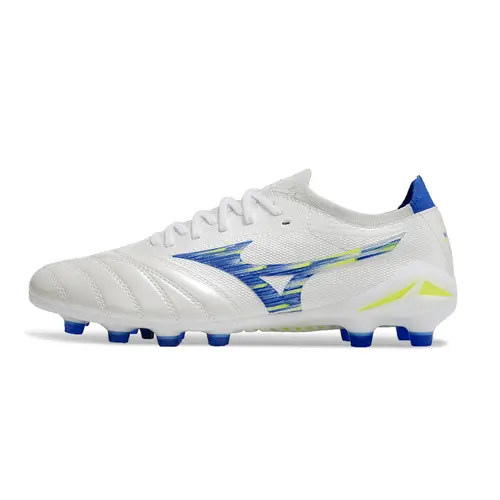Chuteira Campo Mizuno Morelia Neo 4 Beta FG Branca, Azul e Verde