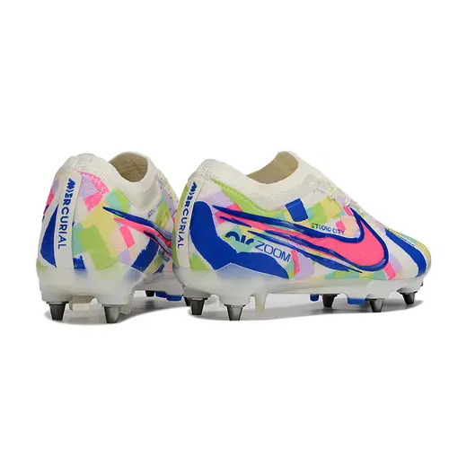 Chuteira Campo Nike Air Zoom Mercurial Vapor 15 Elite Trava Mista Branco, Azul e Rosa