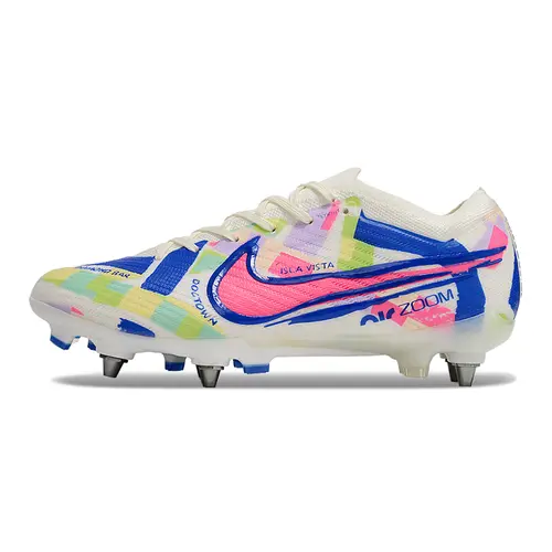 Chuteira Campo Nike Air Zoom Mercurial Vapor 15 Elite Trava Mista Branco, Azul e Rosa