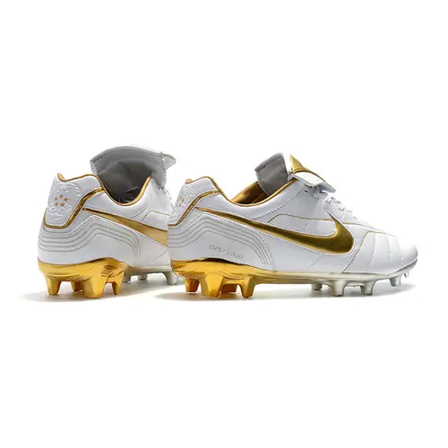 Chuteira Campo Nike Retrô Tiempo Legend 7 Elite FG Branca e Dourada R10