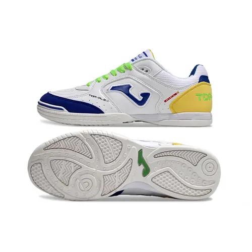 Chuteira Futsal Joma Top Flex Rebound IC Branca, Azul, Verde e Amarelo