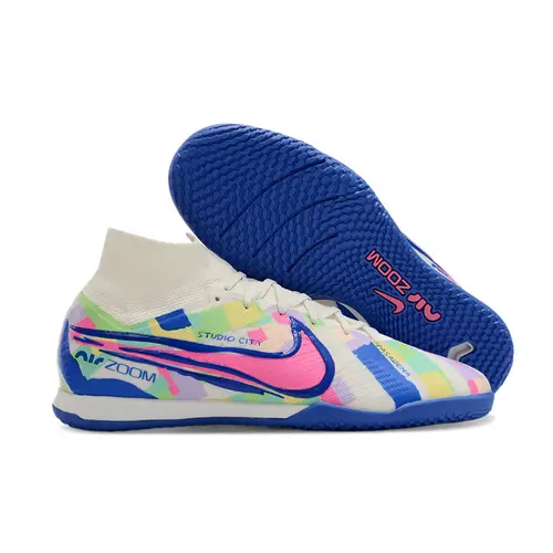 Chuteira Futsal Nike Air Zoom Mercurial Superfly 9 Elite IC Branca, Azul e Rosa 