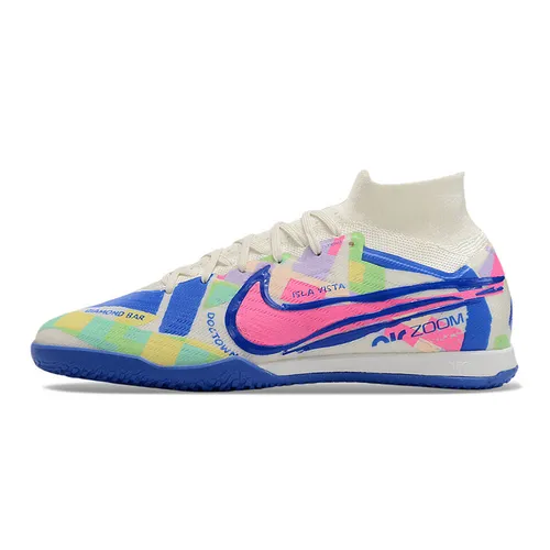 Chuteira Futsal Nike Air Zoom Mercurial Superfly 9 Elite IC Branca, Azul e Rosa 