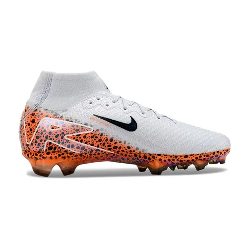 Chuteira Infantil Campo Nike Air Zoom Mercurial Superfly 10 Elite FG Branca, Laranja e Preto 
