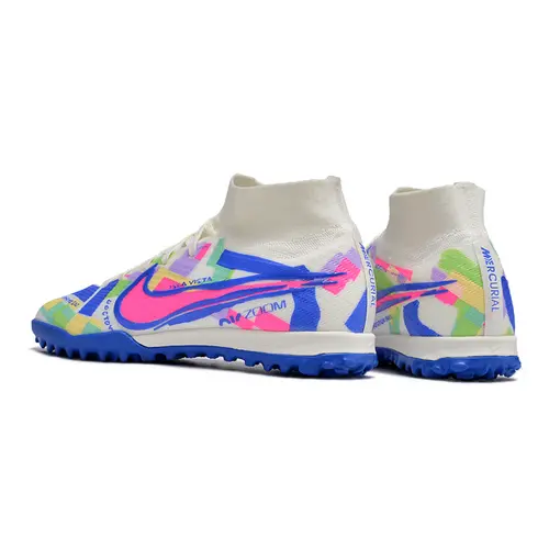 Chuteira Infantil Society Nike Air Zoom Mercurial Superfly 9 Elite TF Branca, Azul e Rosa 
