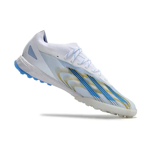Chuteira Society Adidas X CrazyFast.1 TF Branca, Azul e Dourada 