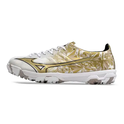 Chuteira Society Mizuno Alpha TF Branca e Dourado 