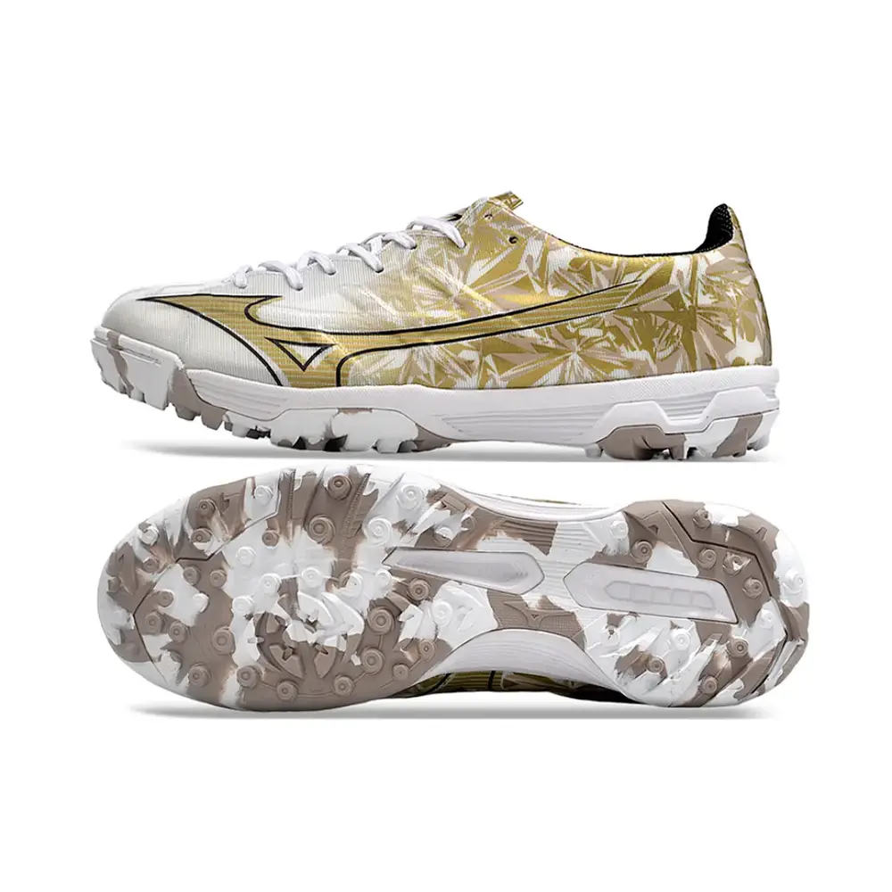 Chuteira Society Mizuno Alpha TF | Branca Dourada Sérgio Ramos