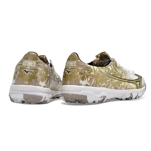 Chuteira Society Mizuno Alpha TF Branca e Dourado 