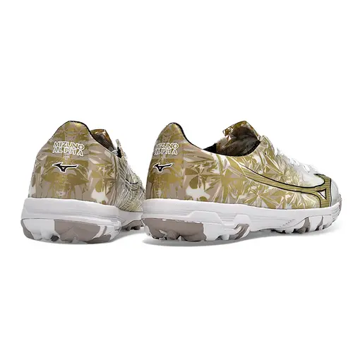 Chuteira Society Mizuno Alpha TF Branca e Dourado 