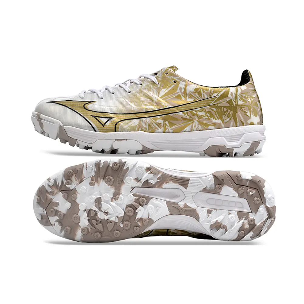 Chuteira Society Mizuno Alpha TF | Branca Dourada Sérgio Ramos
