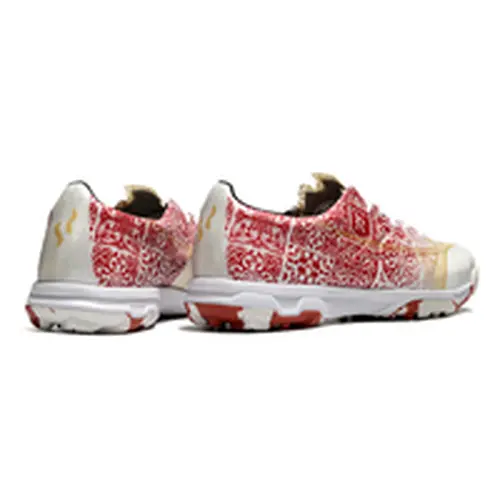 Chuteira Society Mizuno Alpha TF Branca, Vermelha e Dourada 