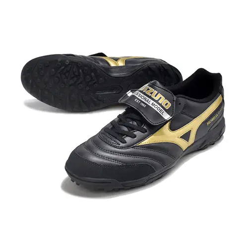Chuteira Society Mizuno Morelia 4 TF Preta e Dourada 