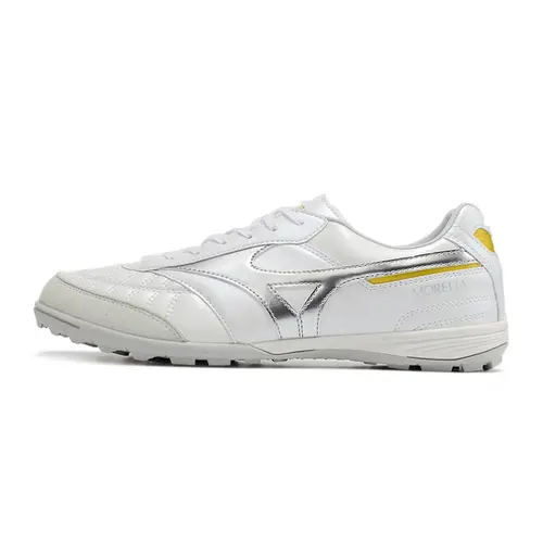 Chuteira Society Mizuno Morelia Sala Japan TF Branca e Prata 