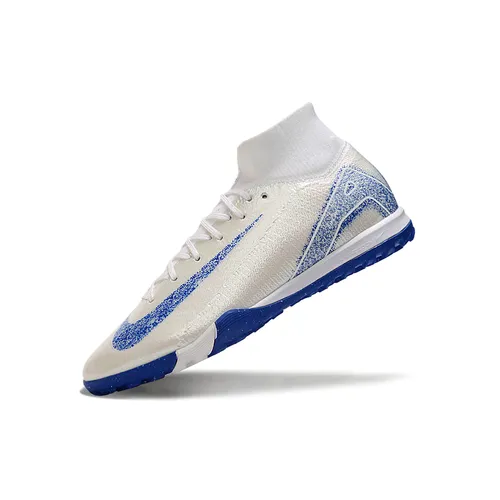Chuteira Society Nike Air Zoom Mercurial Superfly 10 Elite TF Branca, Azul e Laranja 