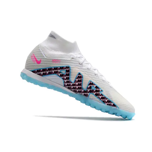 Chuteira Society Nike Air Zoom Mercurial Superfly 9 Elite TF Branca e Azul 