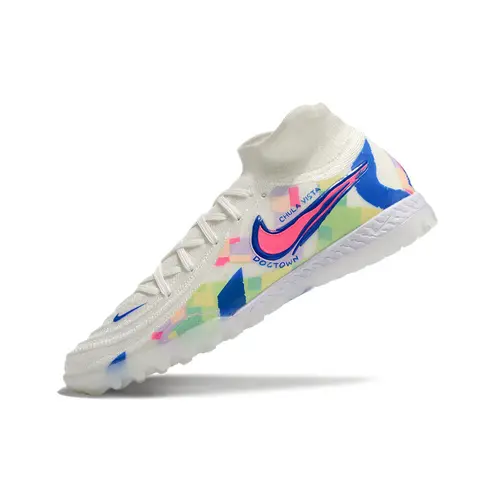 Chuteira Society Nike Phantom Luna 2 Elite TF Branca, Azul e Rosa