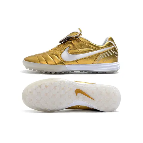 Chuteira Society Nike Retrô Tiempo Legend 7 Elite TF Dourado e Branco R10