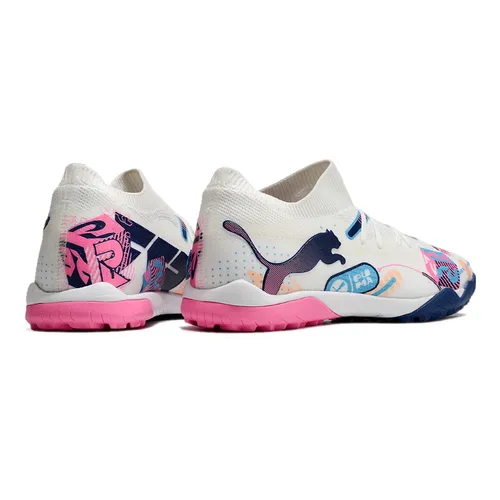 Chuteira Society Puma Future 7 TF Branca, Azul e Rosa 