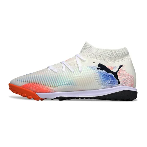Chuteira Society Puma Future 8 TF Branco, Laranja e Azul
