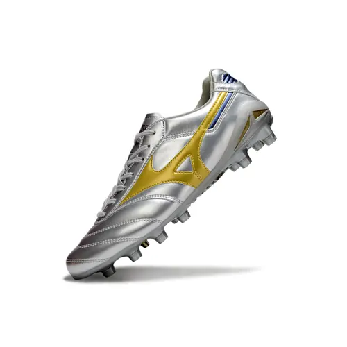 Chuteira Campo Mizuno Morelia DNA FG Prata e Dourada "Platinum"
