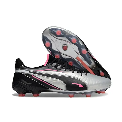 Chuteira Campo Puma King Ultimate FG Audacity Prata, Preto e Rosa