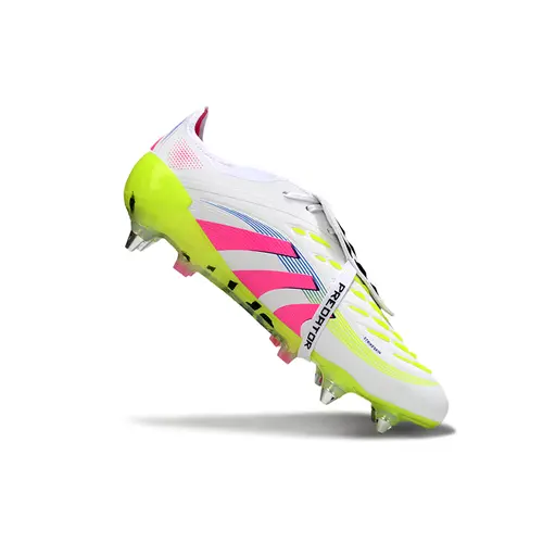 Chuteira Campo Adidas Predator Elite FT 30 Ponta de Aluminio Branco, Rosa e Amarelo