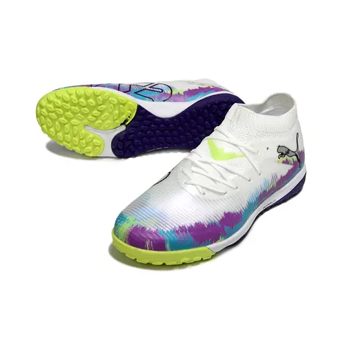 Chuteira Society Puma Future 8 TF Branca, Roxa, Azul e Verde "Brilliance Pack"