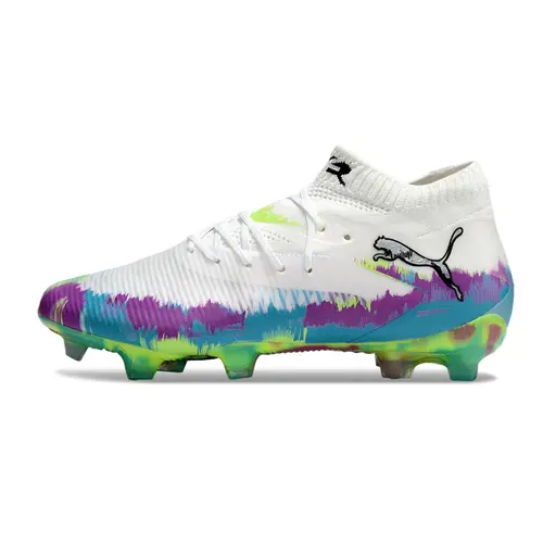 Chuteira Campo Puma Future 8 FG Branca, Roxa, Azul e Verde "Brilliance Pack"