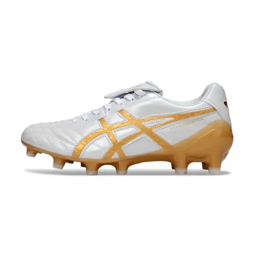 Chuteira Campo Asics Lethal Testimonial 4 FG Branca e Dourado