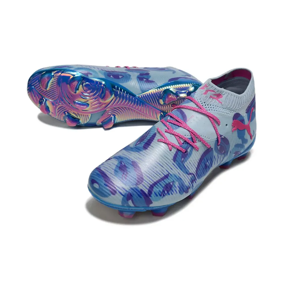 Chuteira Campo Puma Future 8 FG Azul e Rosa KidSuper