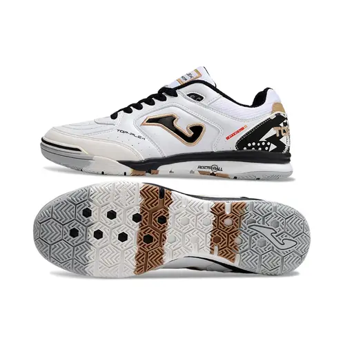 Chuteira Futsal Joma Top Flex Rebound IC Branca, Preta e Dourada