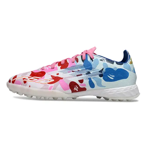 Chuteira Society Adidas F50 TF Branca, Rosa e Azul "BAPE"