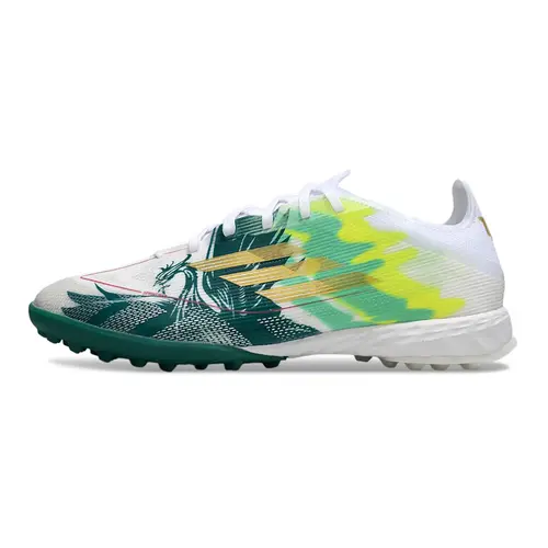 Chuteira Society Adidas F50 TF Branca, Verde e Dourado