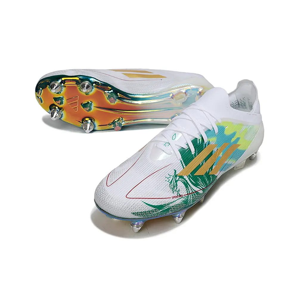 Chuteira Campo Adidas F50 | Travas Alumínio Branco Verde Dourado