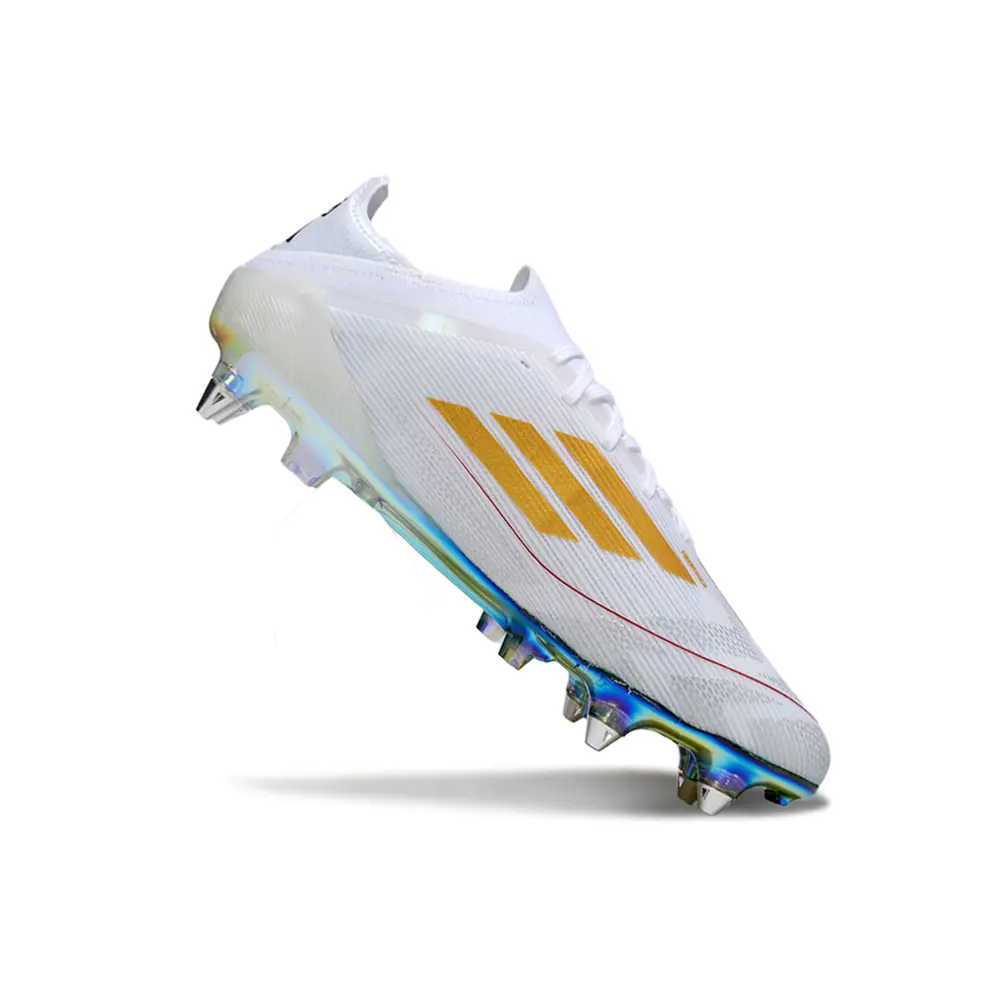 Chuteira Campo Adidas F50 | Travas Alumínio Branco Verde Dourado
