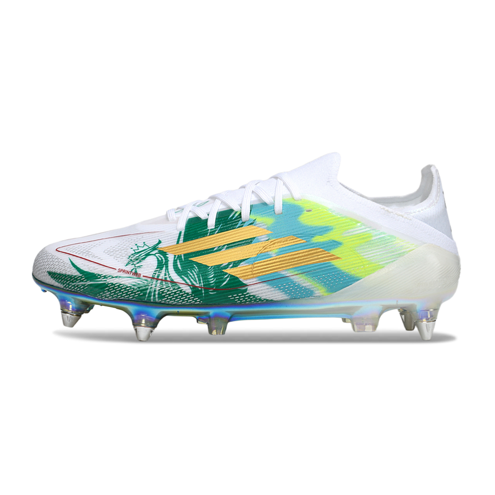 Chuteira Campo Adidas F50 | Travas Alumínio Branco Verde Dourado