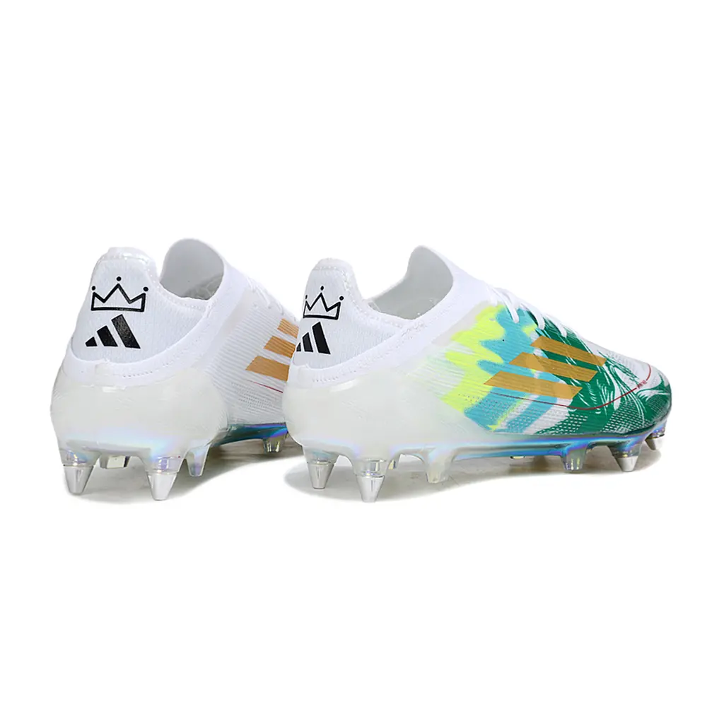 Chuteira Campo Adidas F50 | Travas Alumínio Branco Verde Dourado