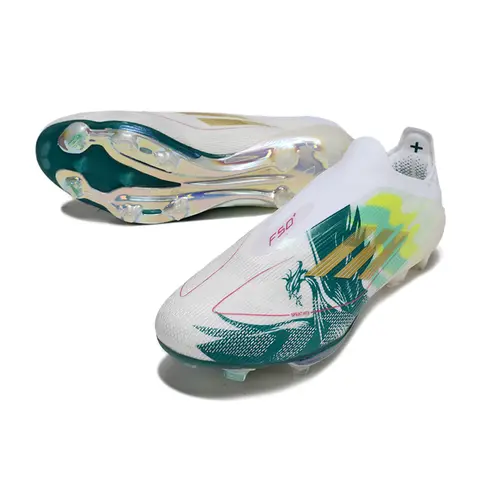 Chuteira Campo Adidas F50+ FG Branca e Verde "Salah"