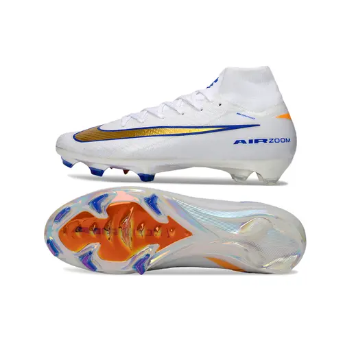 Chuteira Campo Nike Air Zoom Mercurial Superfly 10 Elite FG Branco, Azul e Dourado
