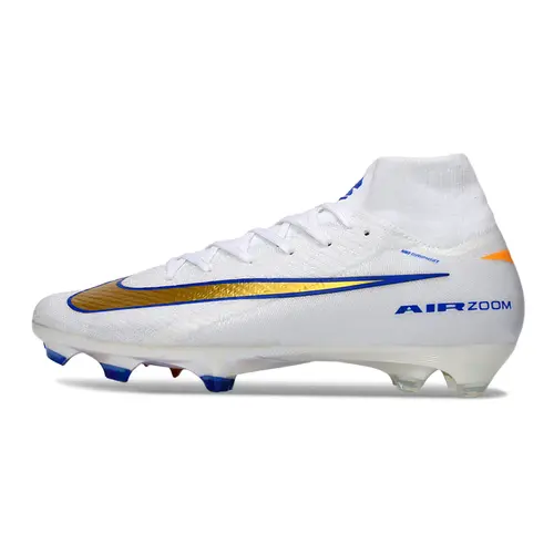 Chuteira Campo Nike Air Zoom Mercurial Superfly 10 Elite FG Branco, Azul e Dourado