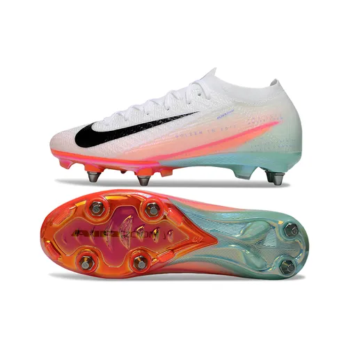 Chuteira Campo Nike Air Zoom Mercurial Vapor 16 Elite Trava Mista Branco, Azul, Rosa e Laranja 