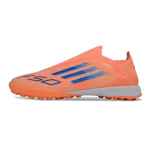 Chuteira Society Adidas F50+ TF Laranja e Azul "Coral Blaze"