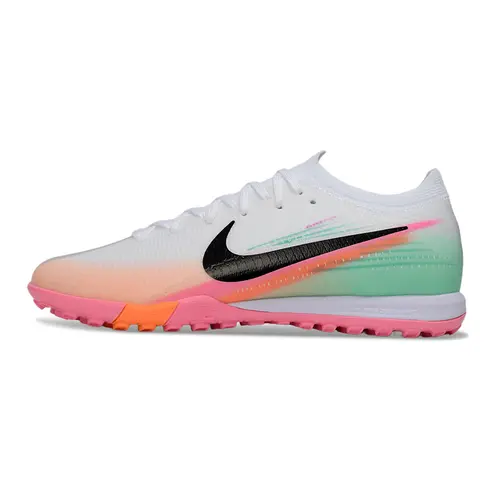 Chuteira Society Nike Air Zoom Mercurial Vapor 16 Elite TF Branco, Rosa, Laranja e Verde